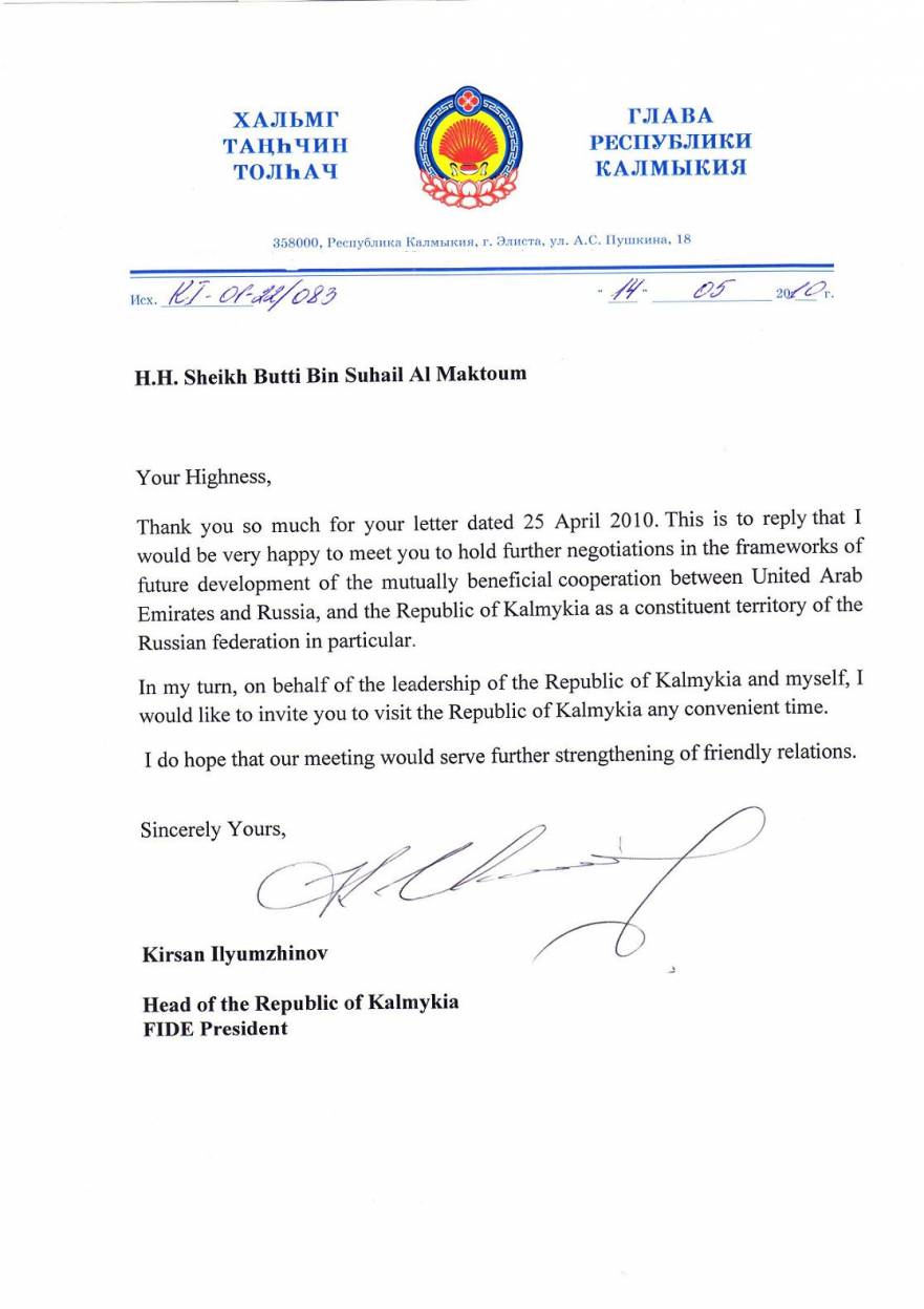 australia letter invitation His Federation Russian Invites Kalmykia President of