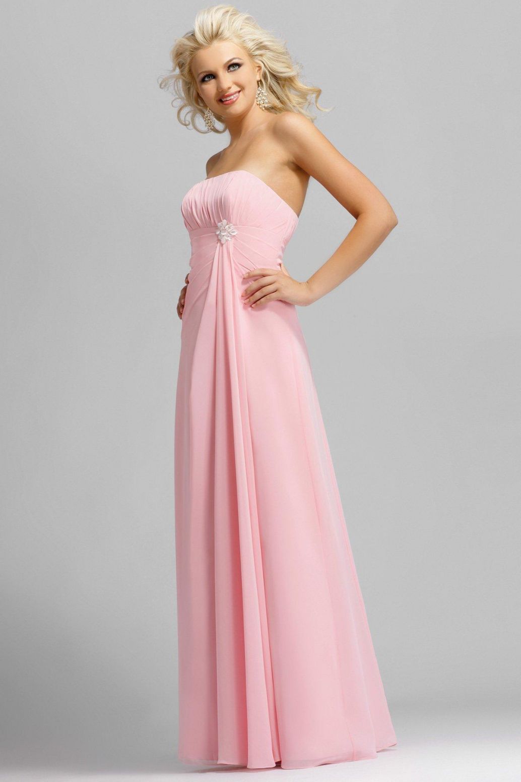 Pink Strapless Full Length Pearl Pleated Chiffon Satin Bridesmaid Dress 