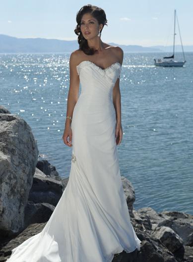 Simple Strapless Beaded Chiffon Sheath Beach Destination Wedding Dress ...