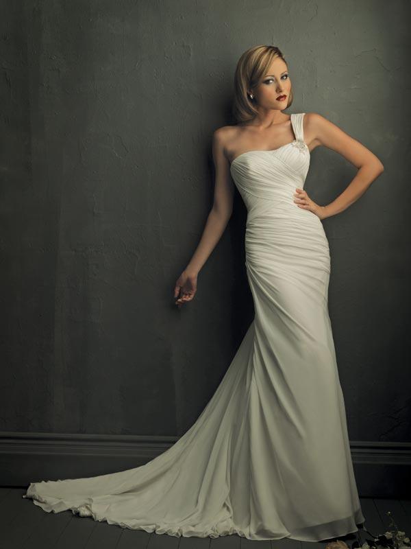 Ivory One Shoulder Beaded Chiffon Column/Sheath Unique 2011 Wedding ...