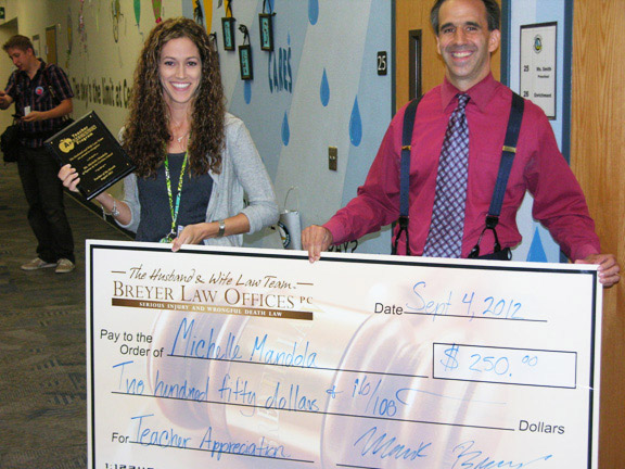 Arizona Personal Injury Lawyers Award Kyrene De Los Cerritos Teacher with $250!  Breyer Law 