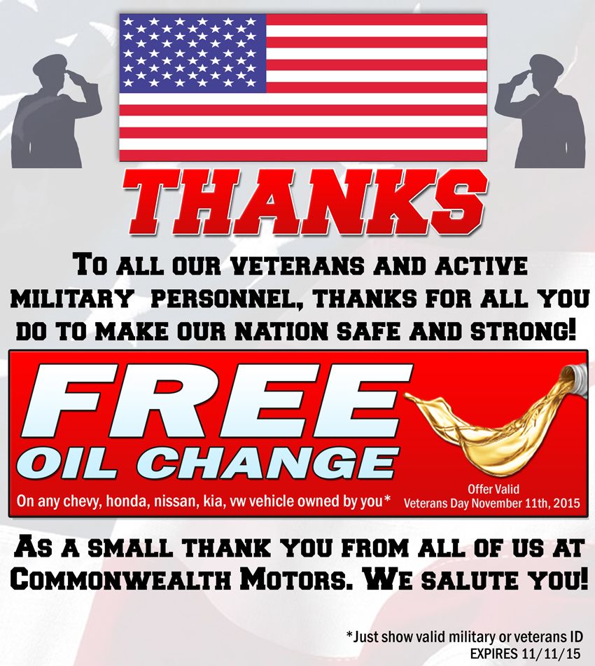 Free Oil Change for Veterans at Commonwealth Motors Commonwealth