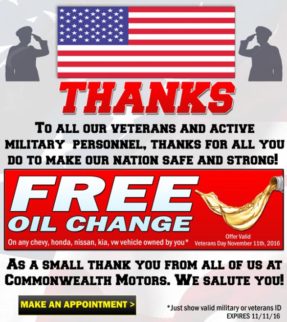 Commonwealth Motors Veterans Day Free Oil Change commonwealth motors